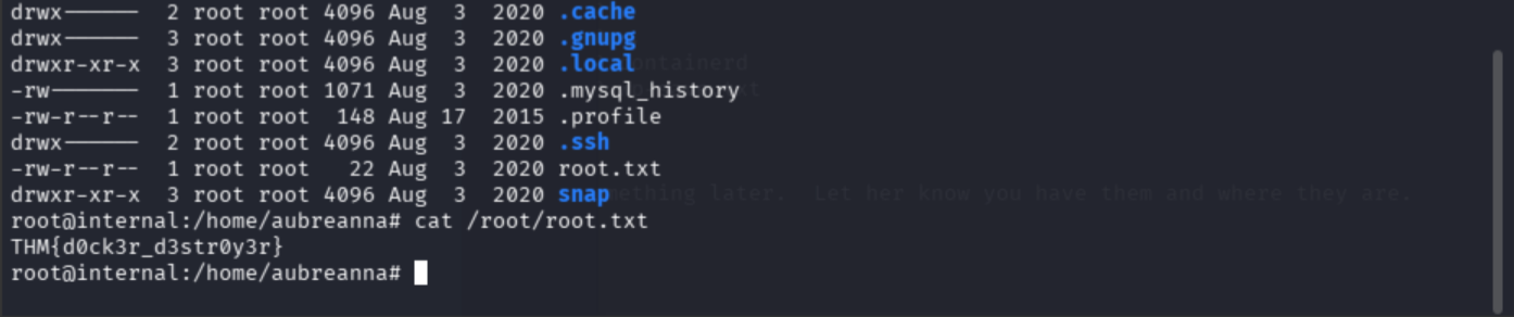 ls -la /root and cat /root/root.txt showing root flag THM{d0ck3r_d3str0y3r}